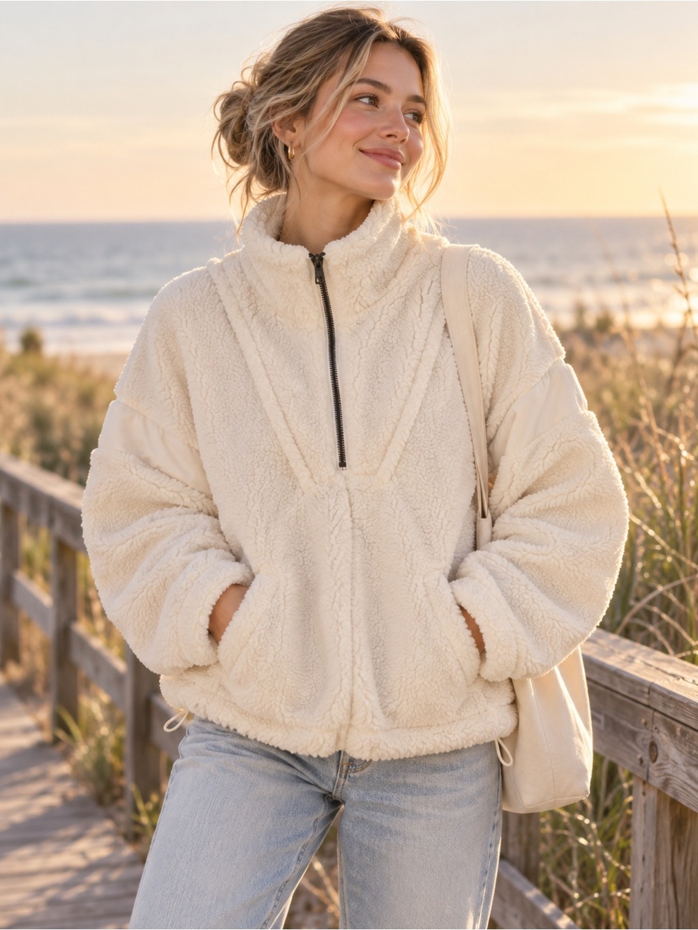 Free People Movement Ivory Sherpa Half Zip Fleece Pullover |XS| Coastal Cozy Lux